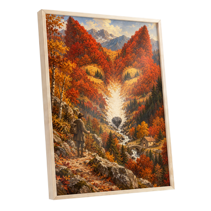 The Ember Valley, orange, gold, brown nature wall art shown as a oak framed poster wall art print