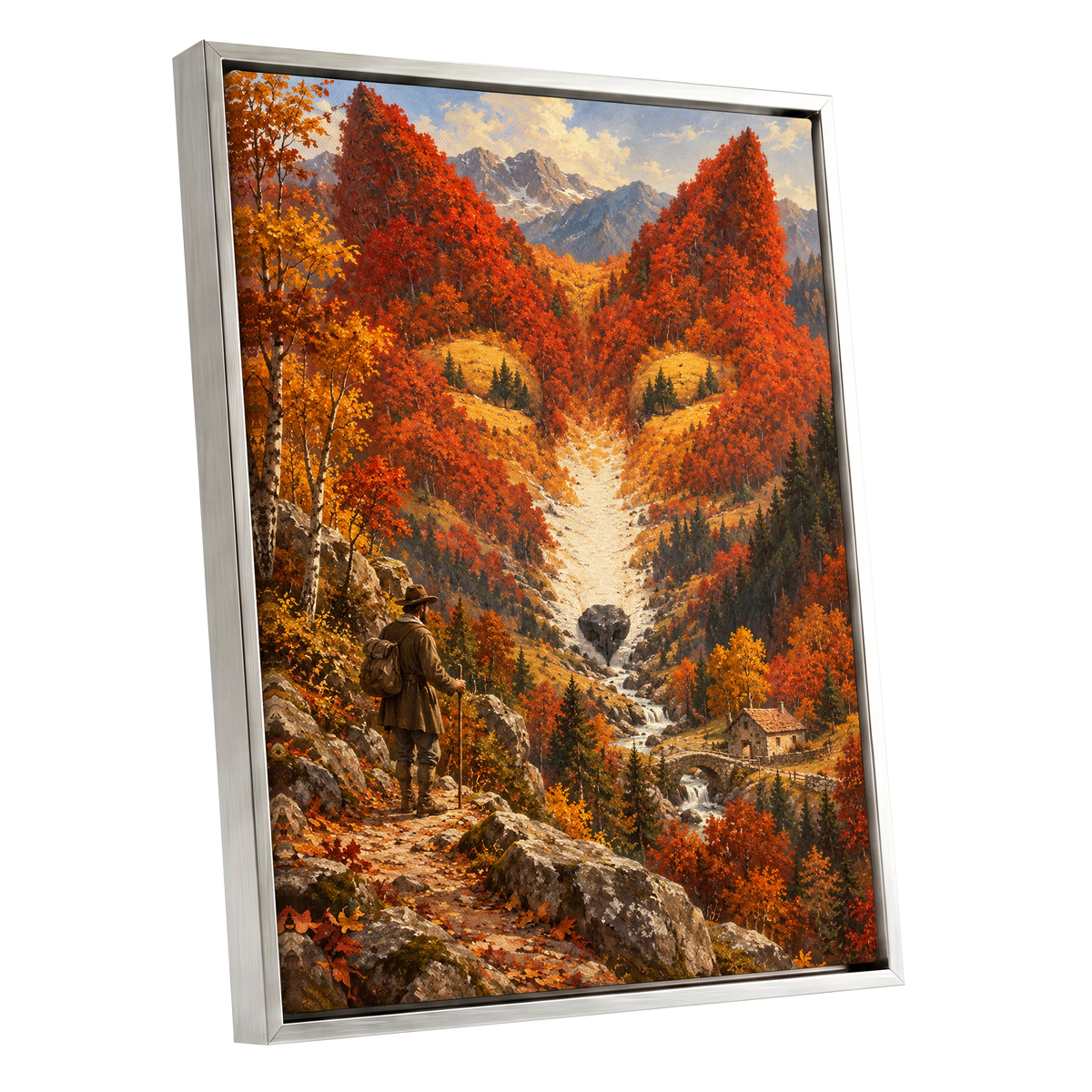 The Ember Valley, orange, gold, brown nature wall art shown as a silver framed canvas wall art