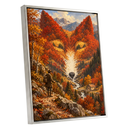 The Ember Valley, orange, gold, brown nature wall art shown as a silver framed canvas wall art