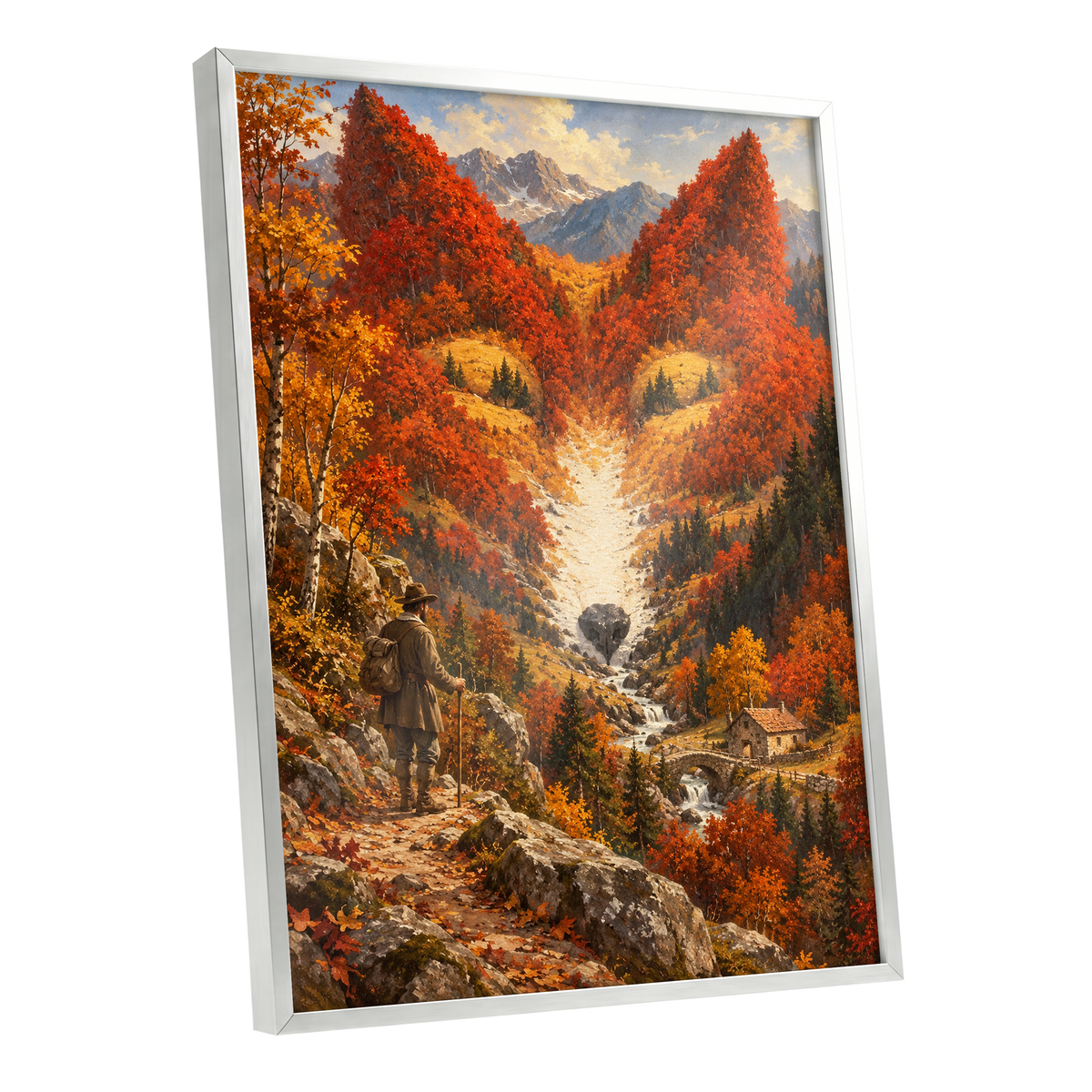 The Ember Valley, orange, gold, brown nature wall art shown as a silver framed poster wall art print