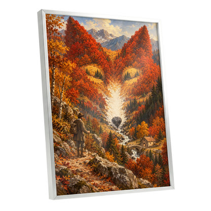 The Ember Valley, orange, gold, brown nature wall art shown as a silver framed poster wall art print