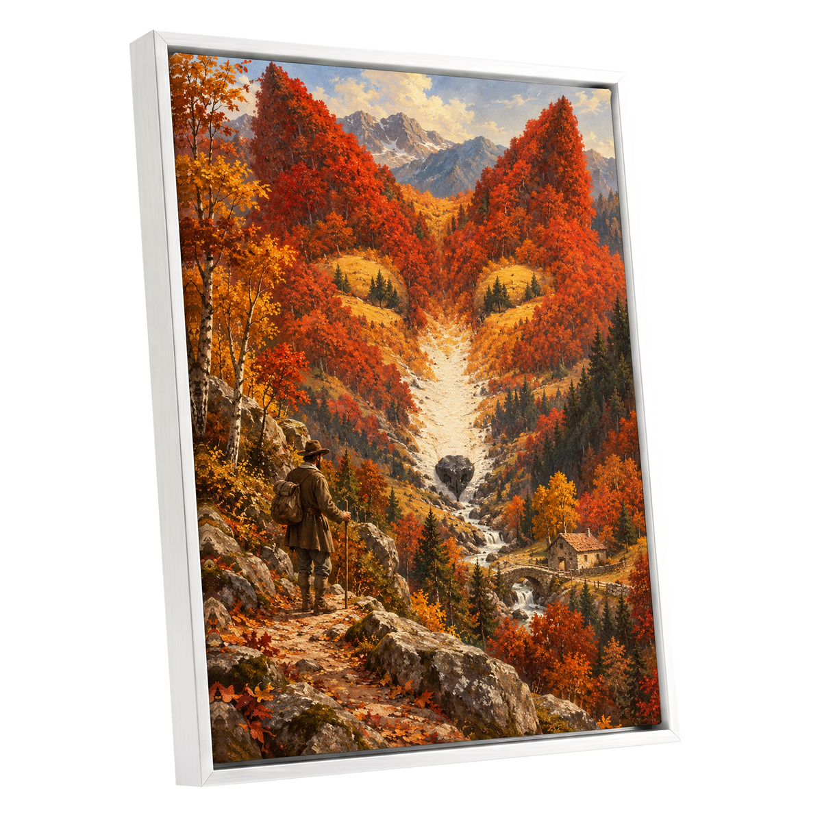The Ember Valley, orange, gold, brown nature wall art shown as a white framed canvas wall art