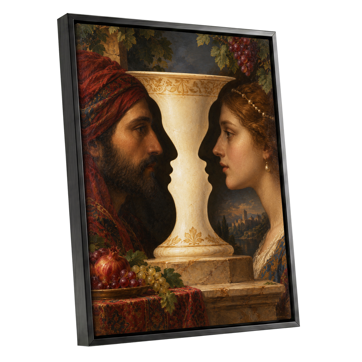 The Faces of the Chalice, brown, beige, red abstract wall art shown as a black framed canvas wall art