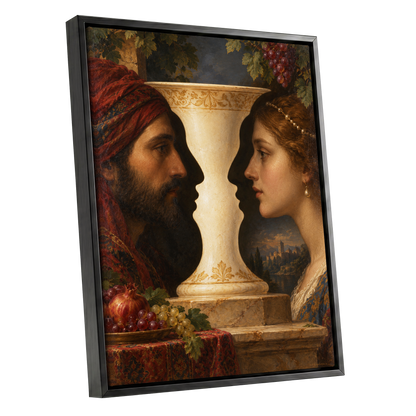 The Faces of the Chalice, brown, beige, red abstract wall art shown as a black framed canvas wall art