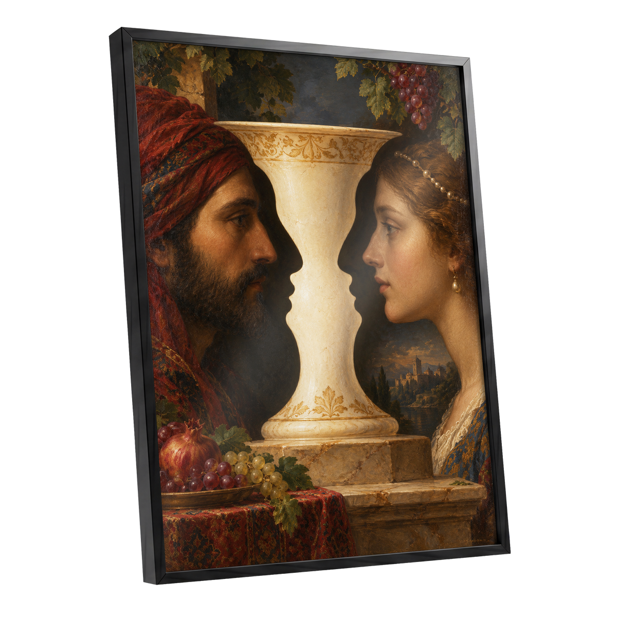 The Faces of the Chalice, brown, beige, red abstract wall art shown as a black framed poster wall art print