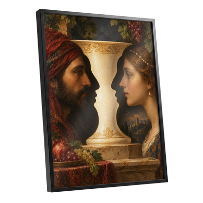 The Faces of the Chalice, brown, beige, red abstract wall art shown as a black framed poster wall art print