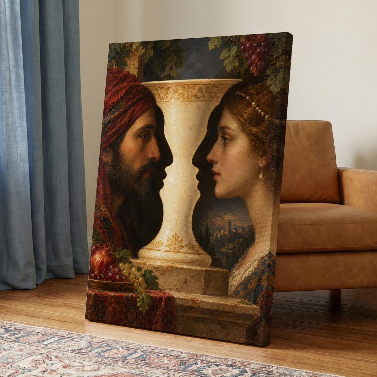 The Faces of the Chalice, brown, beige, red abstract wall art on canvas displayed in a styled interior, gallery view 1