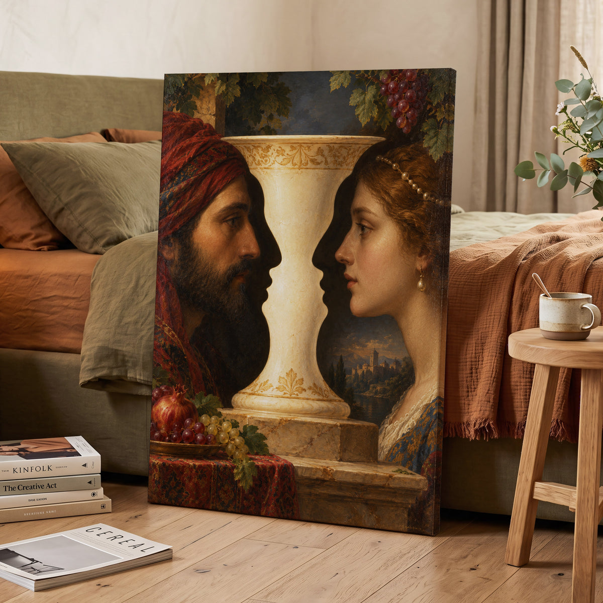 The Faces of the Chalice, brown, beige, red abstract wall art on canvas displayed in a styled interior, gallery view 2