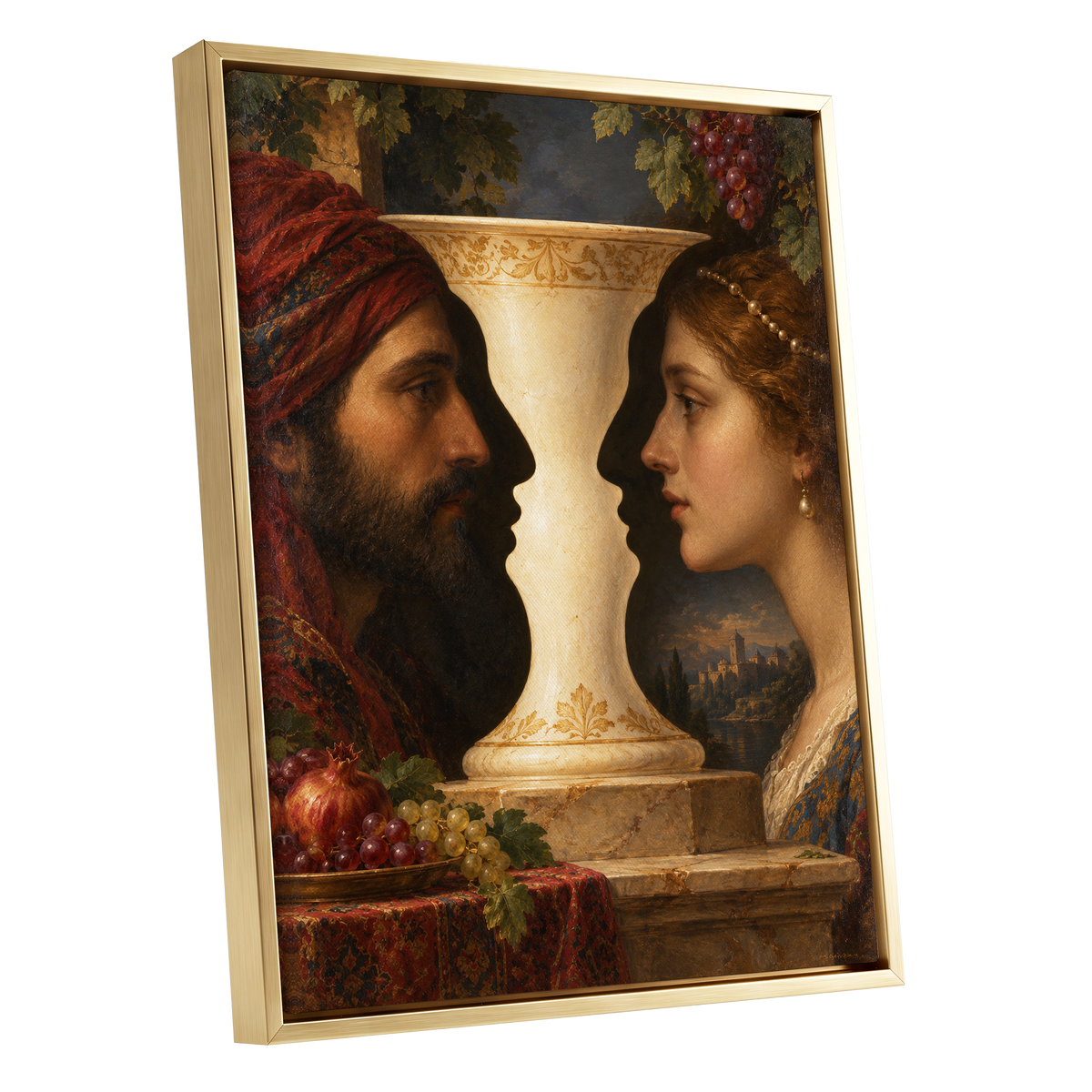 The Faces of the Chalice, brown, beige, red abstract wall art shown as a gold framed canvas wall art