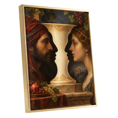 The Faces of the Chalice, brown, beige, red abstract wall art shown as a gold framed canvas wall art