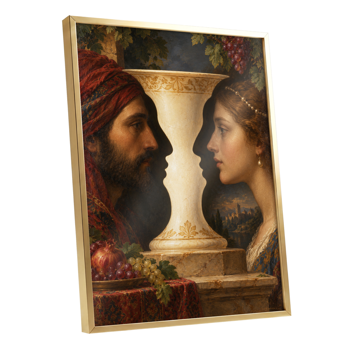 The Faces of the Chalice, brown, beige, red abstract wall art shown as a gold framed poster wall art print