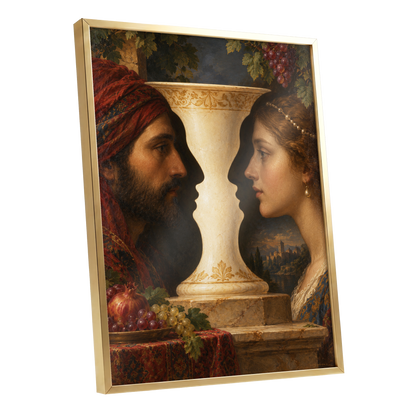 The Faces of the Chalice, brown, beige, red abstract wall art shown as a gold framed poster wall art print