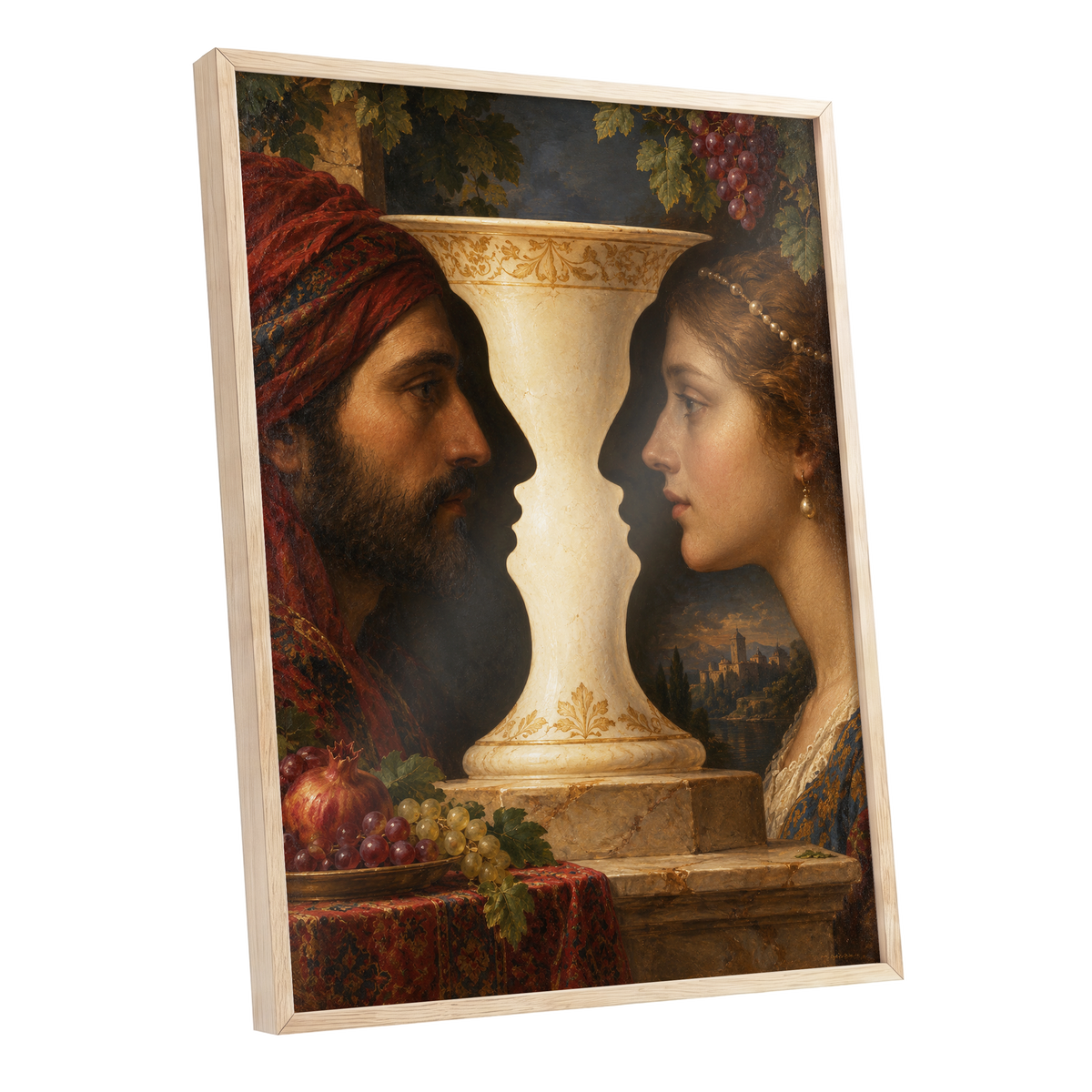 The Faces of the Chalice, brown, beige, red abstract wall art shown as a oak framed poster wall art print