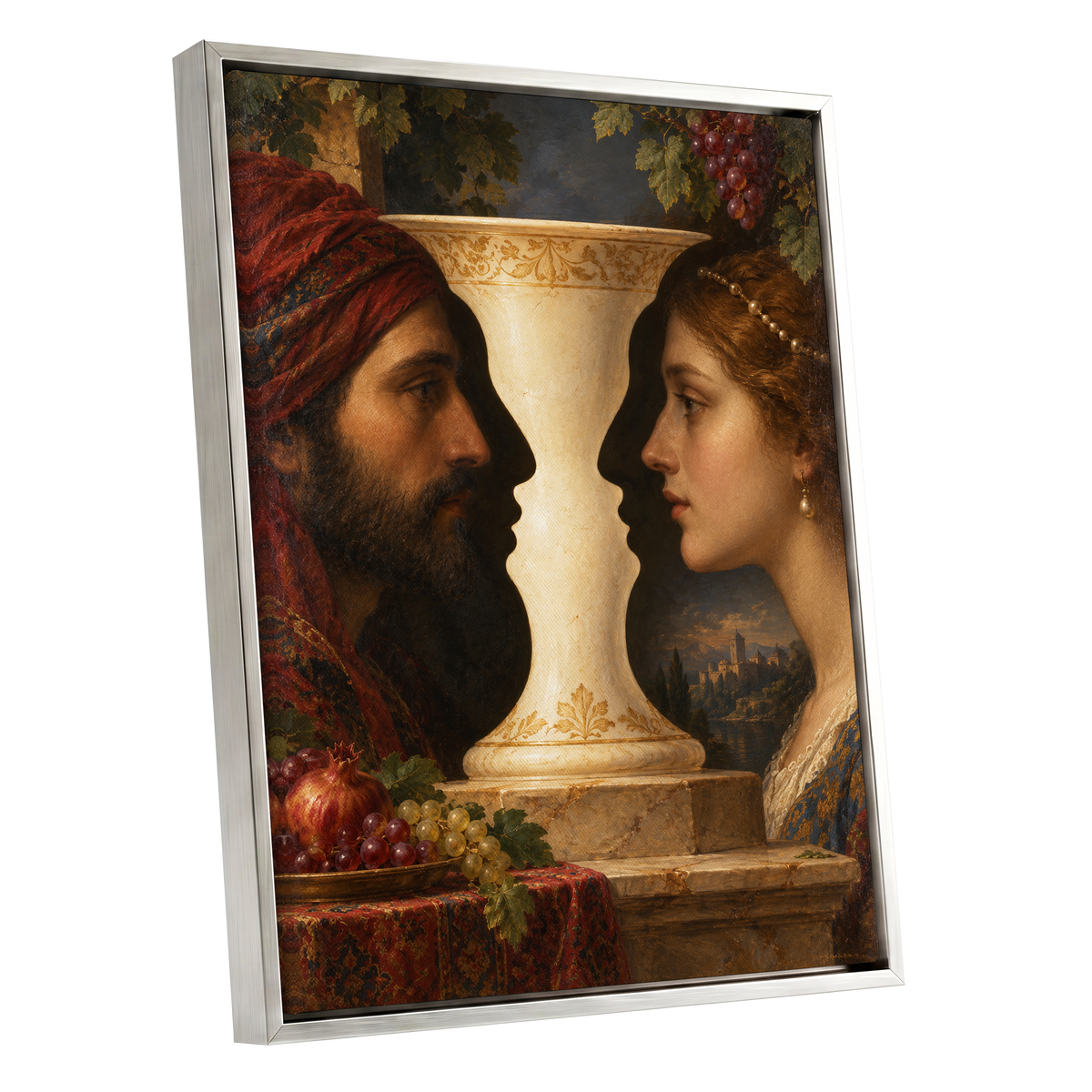 The Faces of the Chalice, brown, beige, red abstract wall art shown as a silver framed canvas wall art