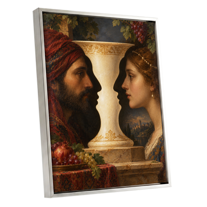 The Faces of the Chalice, brown, beige, red abstract wall art shown as a silver framed canvas wall art