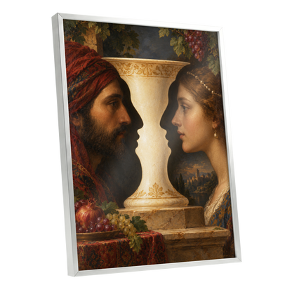 The Faces of the Chalice, brown, beige, red abstract wall art shown as a silver framed poster wall art print