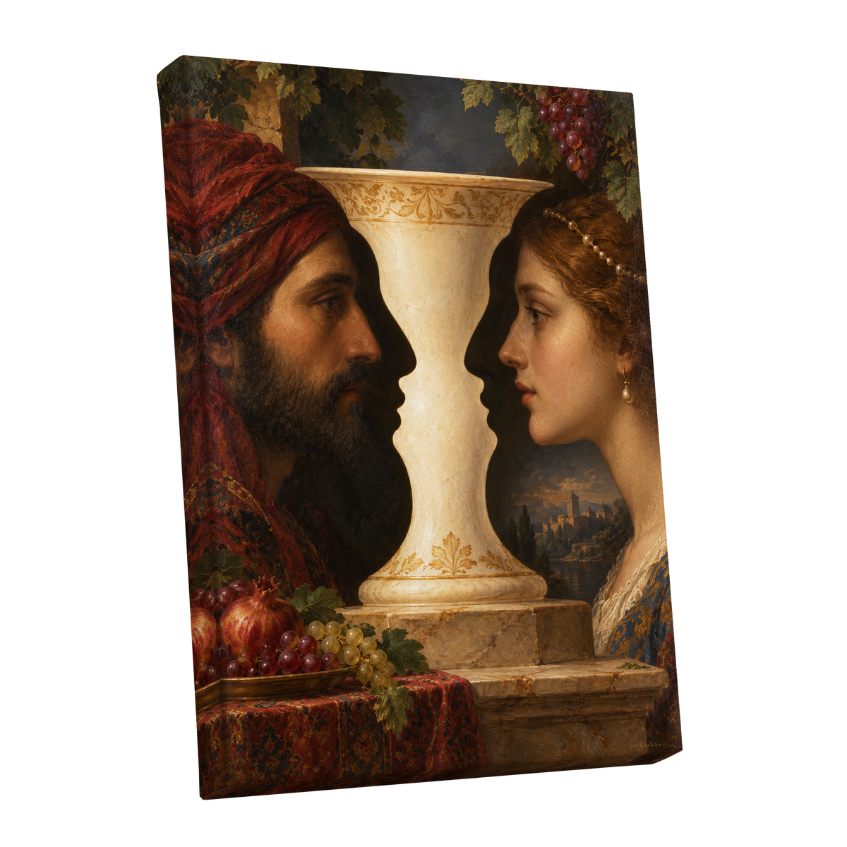 The Faces of the Chalice, brown, beige, red abstract wall art shown as a stretched canvas wall art