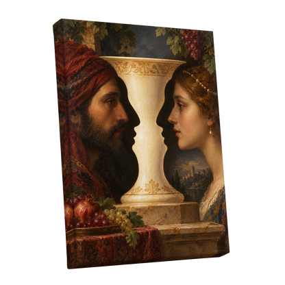 The Faces of the Chalice, brown, beige, red abstract wall art shown as a stretched canvas wall art