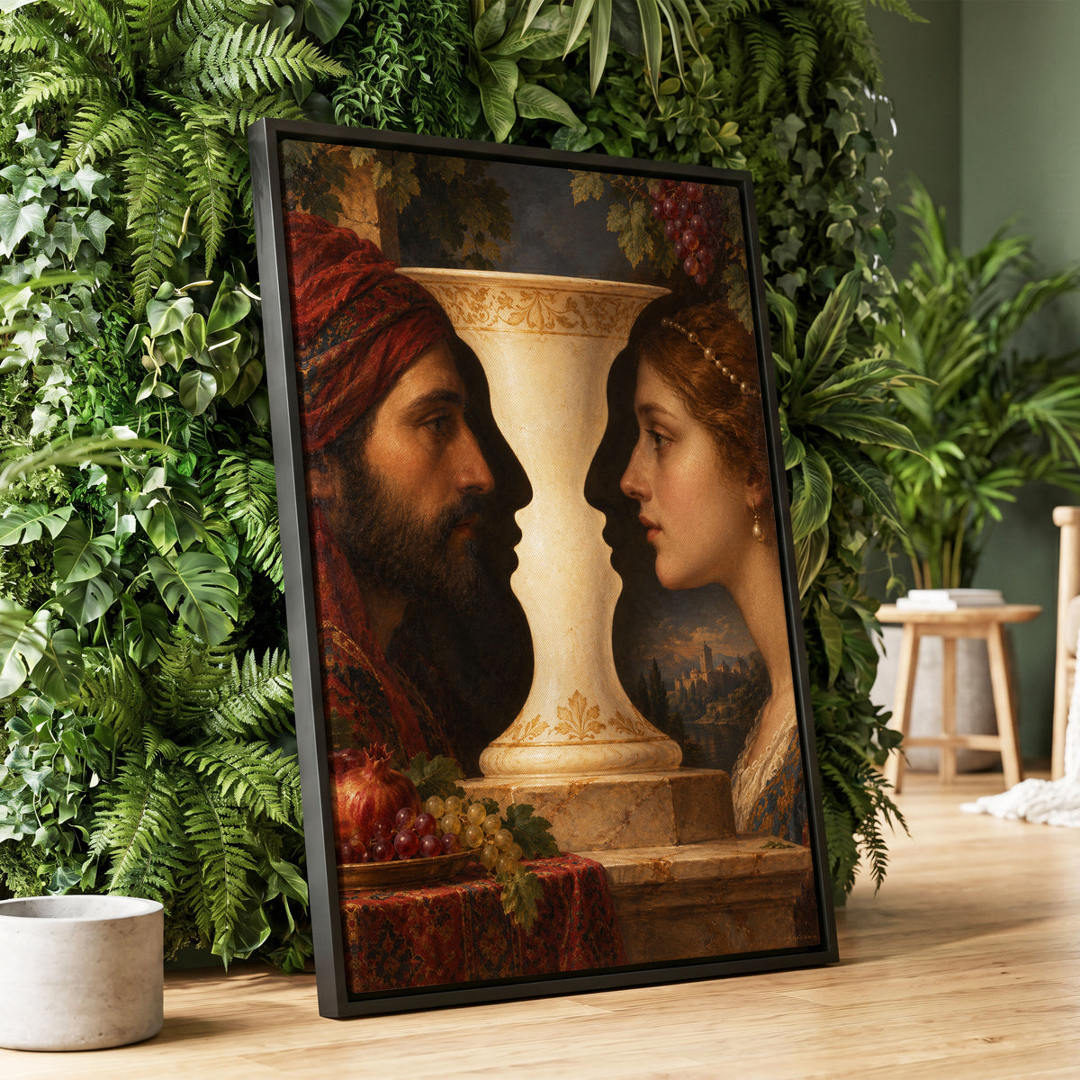 The Faces of the Chalice, brown, beige, red abstract wall art displayed in a styled interior, gallery view 1