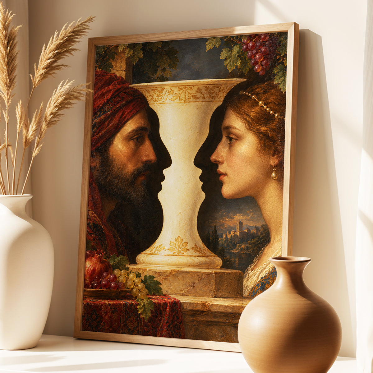 The Faces of the Chalice, brown, beige, red abstract wall art displayed in a styled interior, gallery view 2