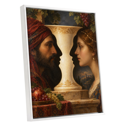 The Faces of the Chalice, brown, beige, red abstract wall art shown as a white framed canvas wall art