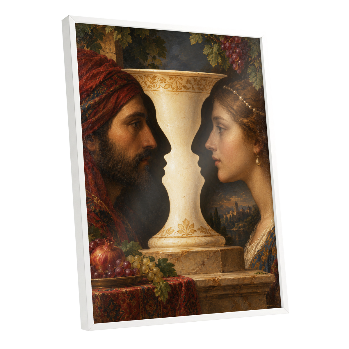 The Faces of the Chalice, brown, beige, red abstract wall art shown as a white framed poster wall art print