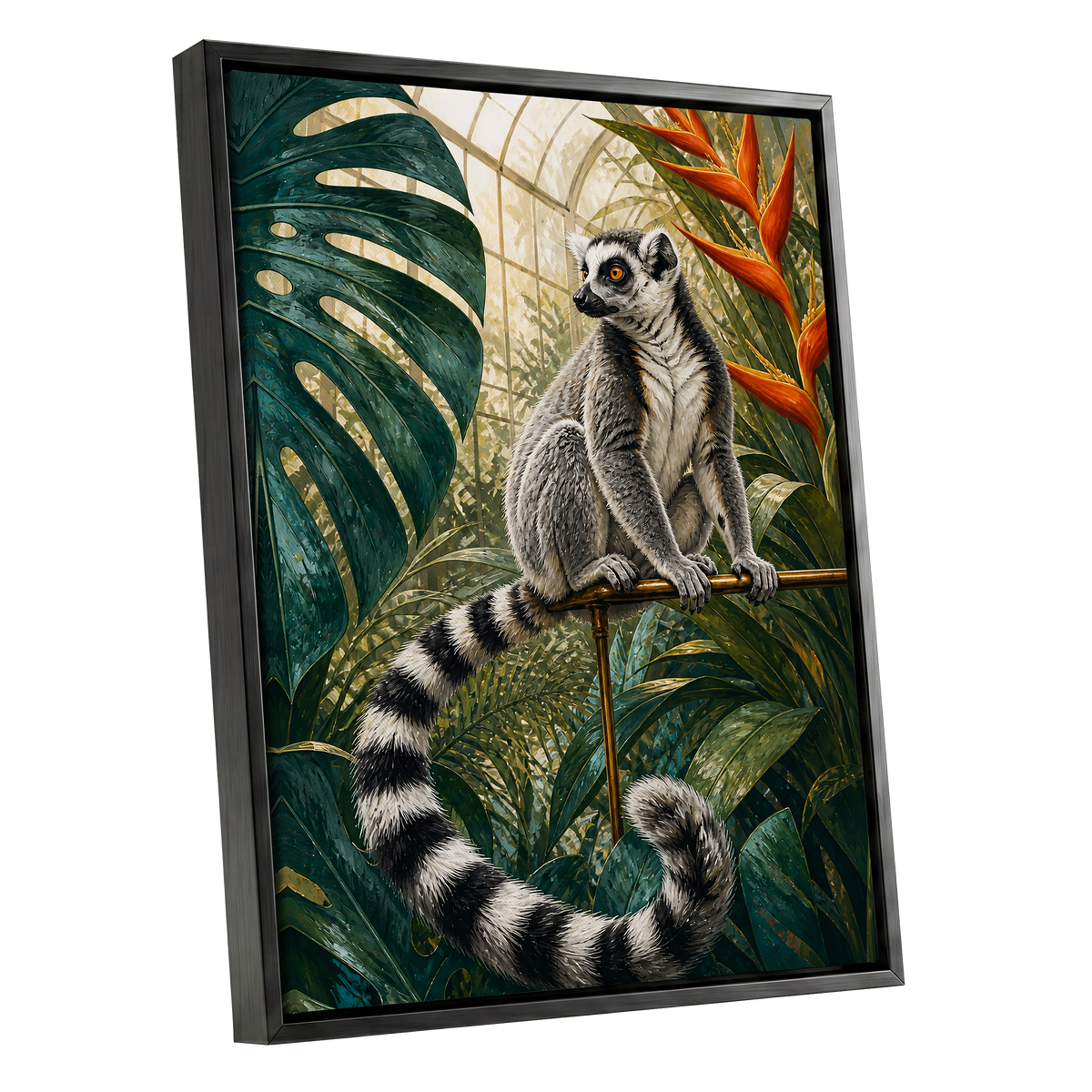 The Glasshouse Lemur, green, black, white nature wall art shown as a black framed canvas wall art