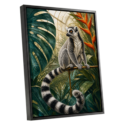 The Glasshouse Lemur, green, black, white nature wall art shown as a black framed canvas wall art