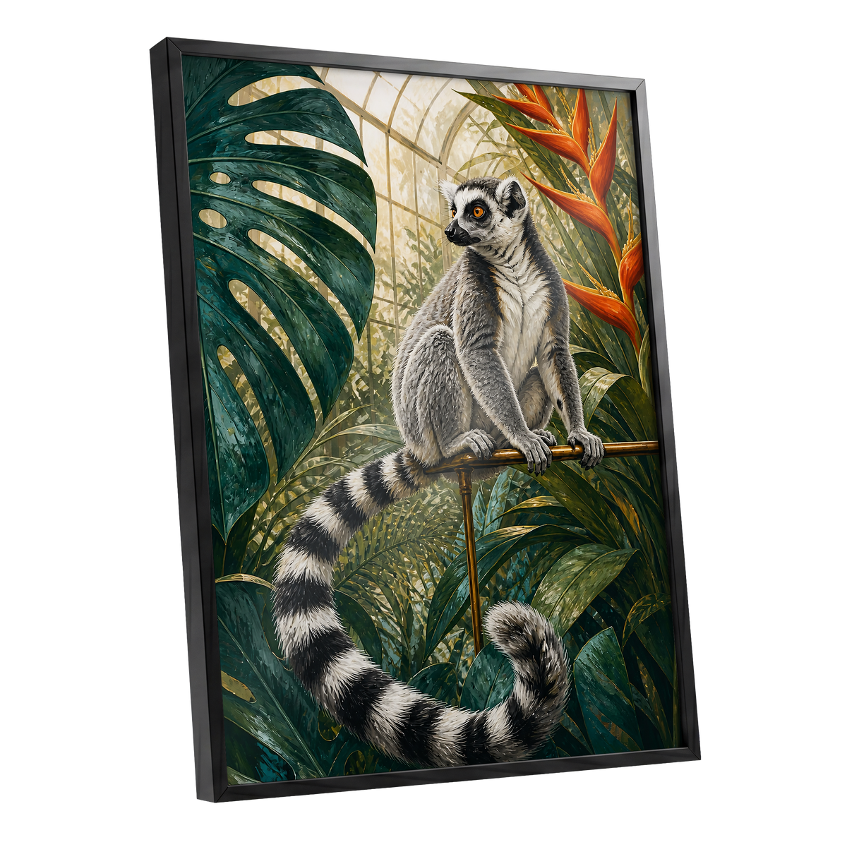The Glasshouse Lemur, green, black, white nature wall art shown as a black framed poster wall art print