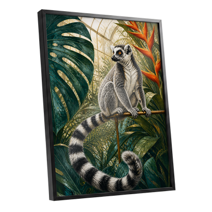 The Glasshouse Lemur, green, black, white nature wall art shown as a black framed poster wall art print