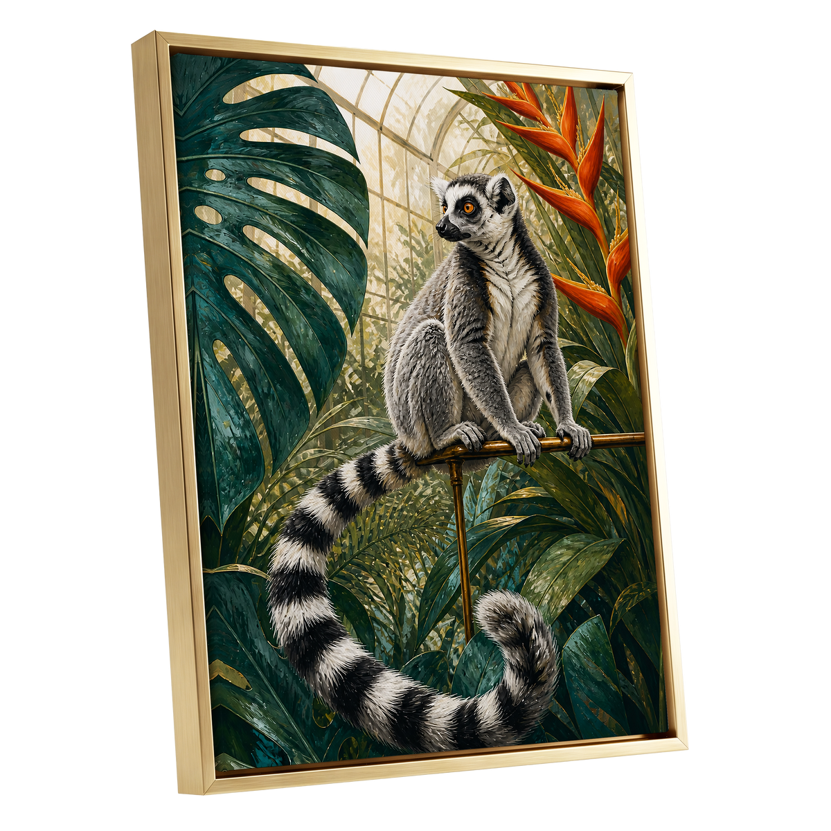 The Glasshouse Lemur, green, black, white nature wall art shown as a gold framed canvas wall art