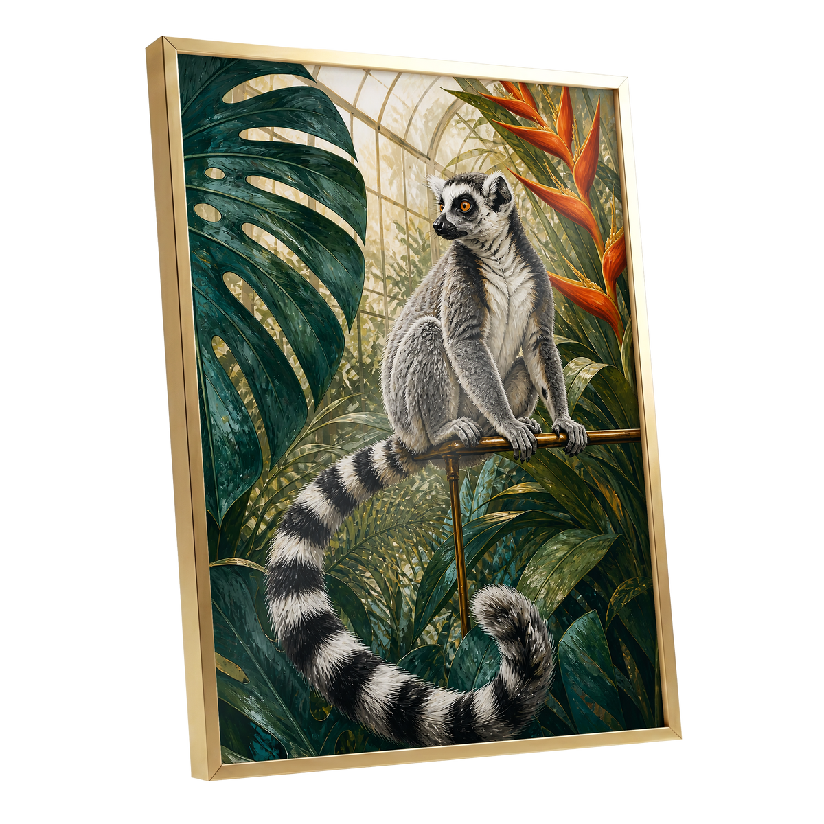 The Glasshouse Lemur, green, black, white nature wall art shown as a gold framed poster wall art print