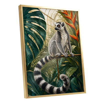 The Glasshouse Lemur, green, black, white nature wall art shown as a gold framed poster wall art print