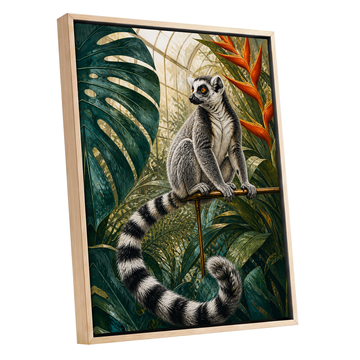 The Glasshouse Lemur, green, black, white nature wall art shown as a oak framed canvas wall art