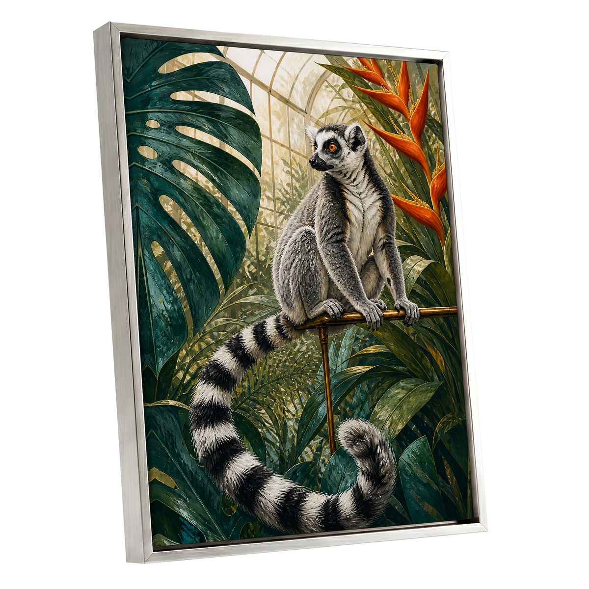 The Glasshouse Lemur, green, black, white nature wall art shown as a silver framed canvas wall art