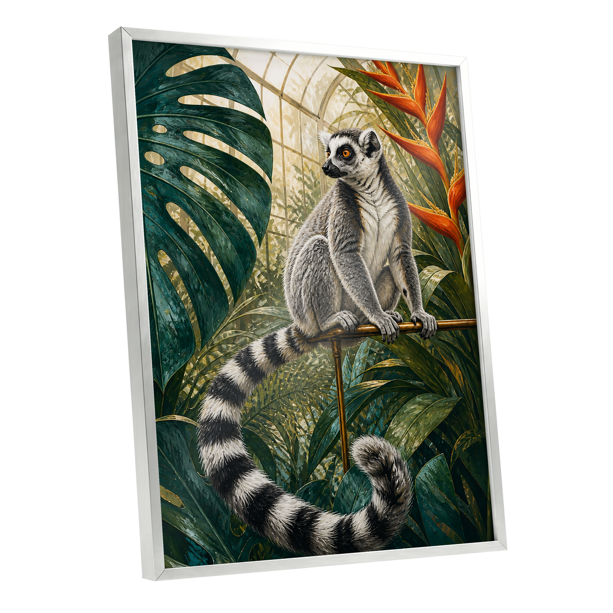 The Glasshouse Lemur, green, black, white nature wall art shown as a silver framed poster wall art print