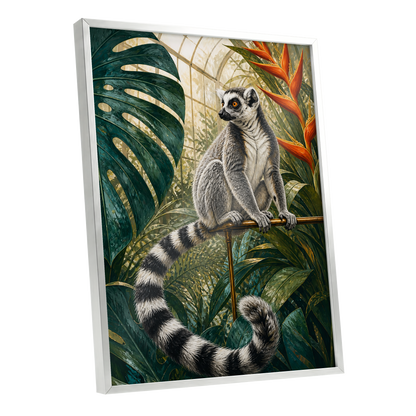 The Glasshouse Lemur, green, black, white nature wall art shown as a silver framed poster wall art print