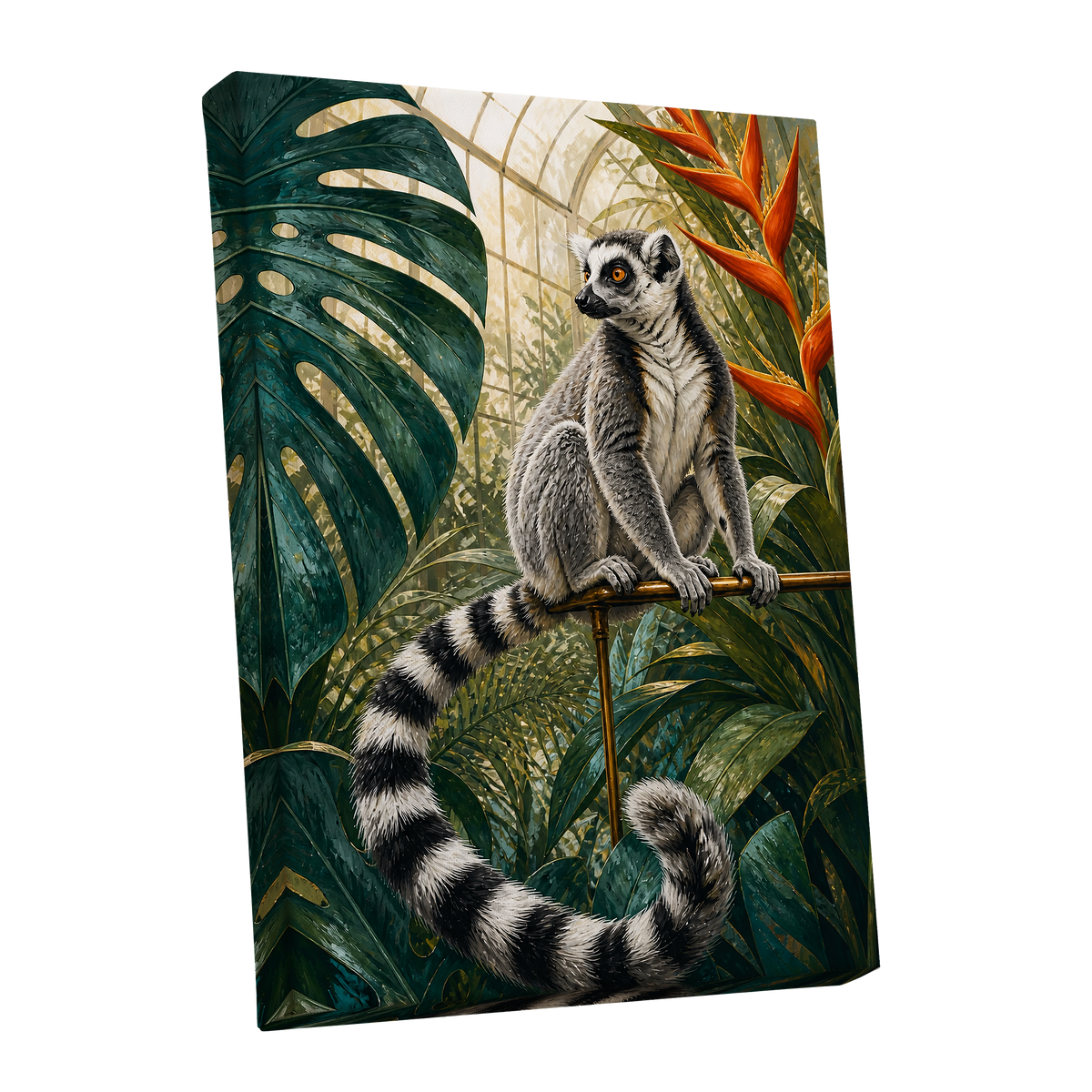 The Glasshouse Lemur, green, black, white nature wall art shown as a stretched canvas wall art