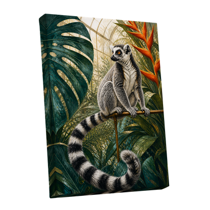 The Glasshouse Lemur, green, black, white nature wall art shown as a stretched canvas wall art