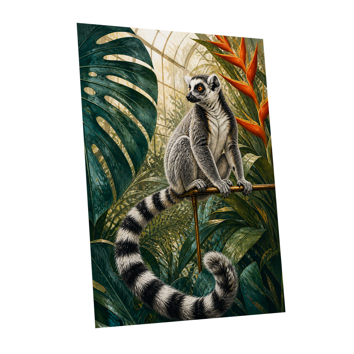 The Glasshouse Lemur, green, black, white nature wall art shown as a unframed poster wall art print