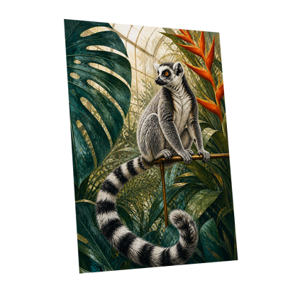 The Glasshouse Lemur, green, black, white nature wall art shown as a unframed poster wall art print