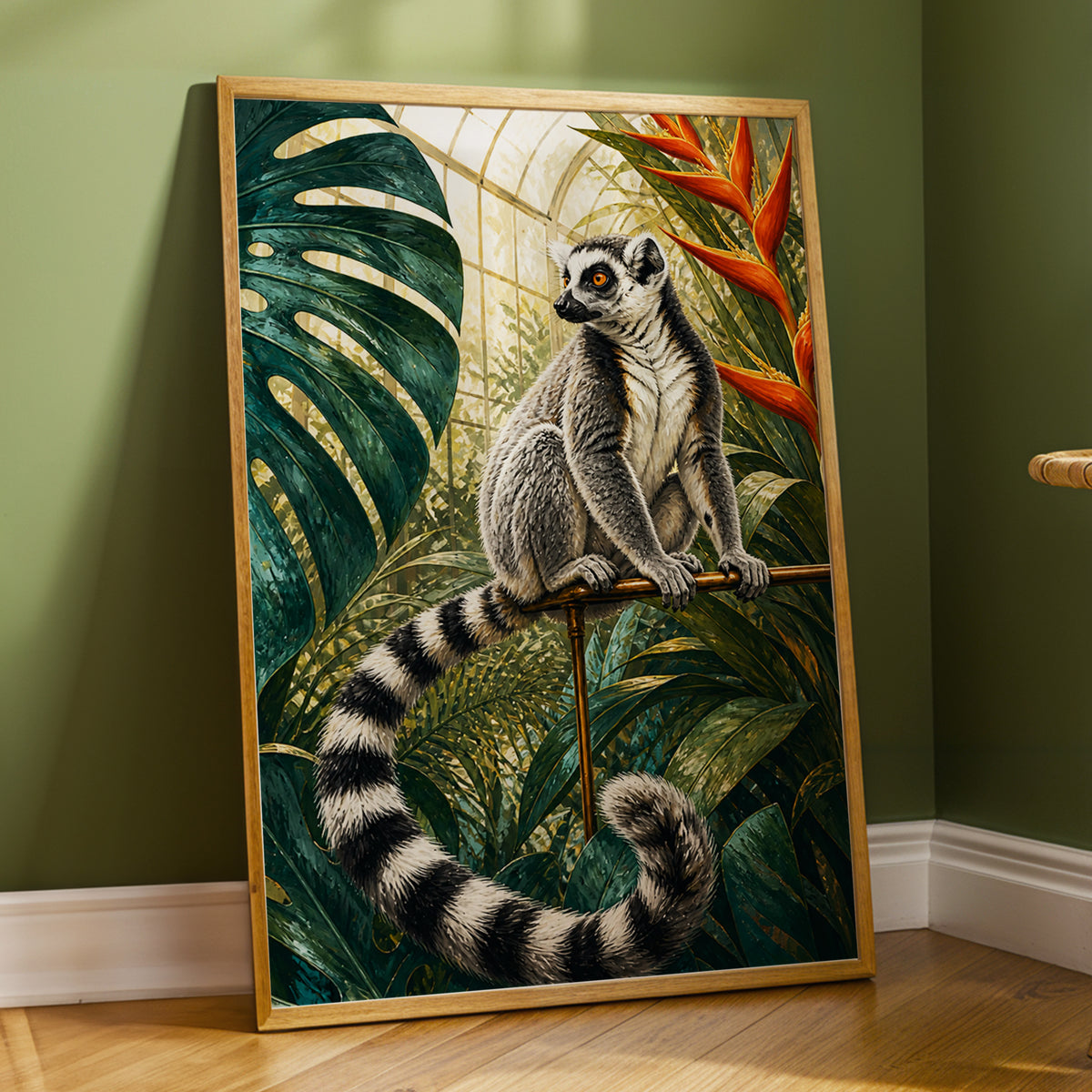 The Glasshouse Lemur, green, black, white nature wall art displayed in a styled interior, gallery view 2