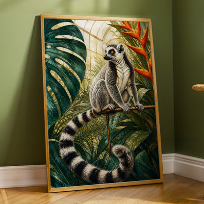 The Glasshouse Lemur, green, black, white nature wall art displayed in a styled interior, gallery view 2
