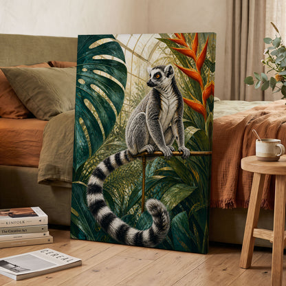The Glasshouse Lemur, green, black, white nature wall art displayed in a styled interior, gallery view 3