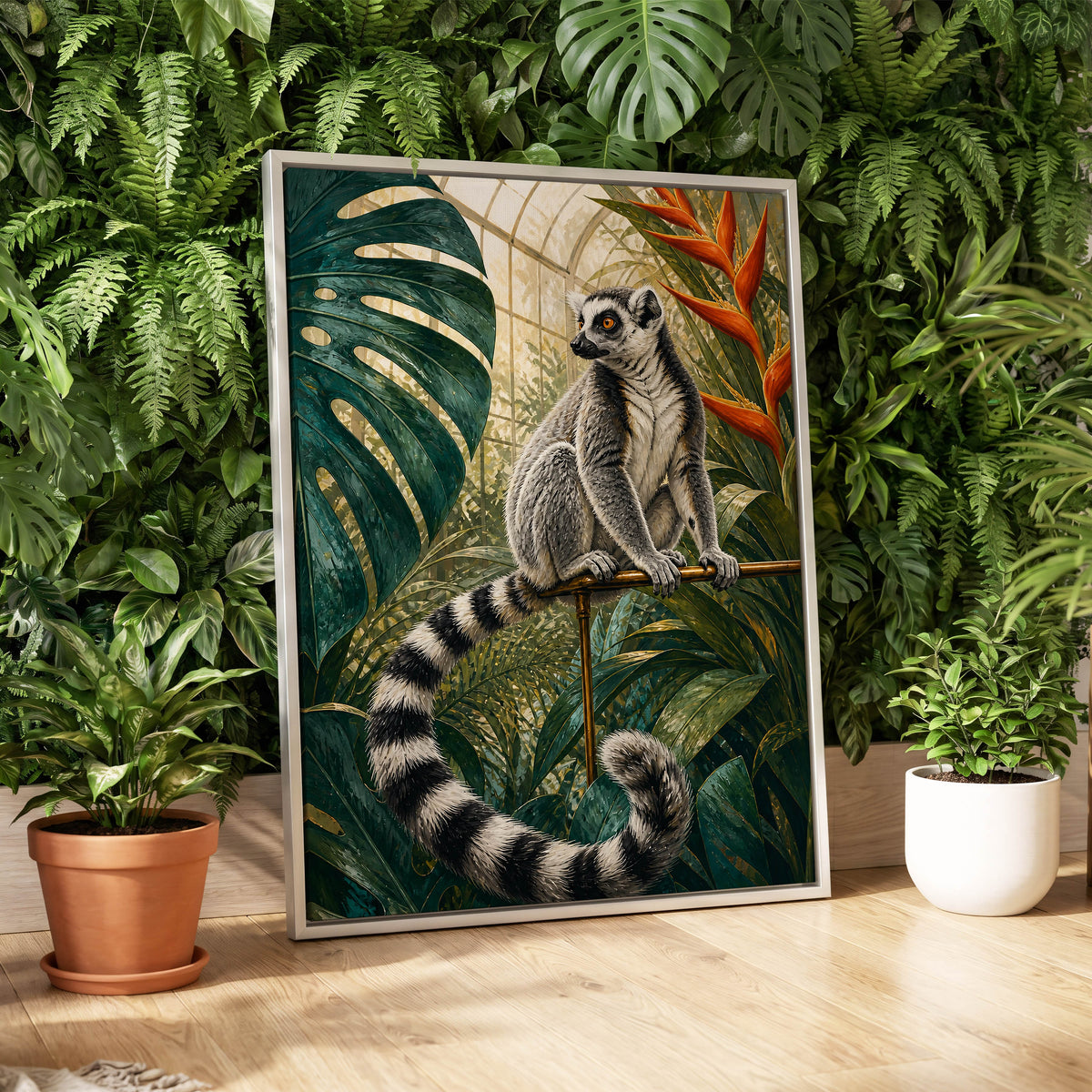 The Glasshouse Lemur, green, black, white nature wall art displayed in a styled interior, gallery view 4