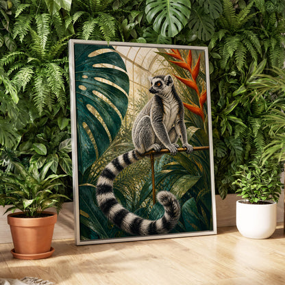 The Glasshouse Lemur, green, black, white nature wall art displayed in a styled interior, gallery view 4