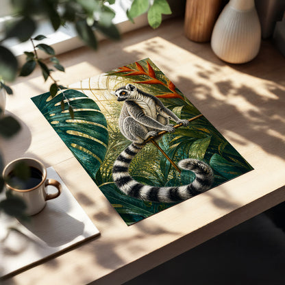 The Glasshouse Lemur, green, black, white nature wall art displayed in a styled interior, gallery view 5