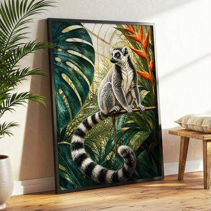 The Glasshouse Lemur, green, black, white nature wall art displayed in a styled interior, gallery view 6