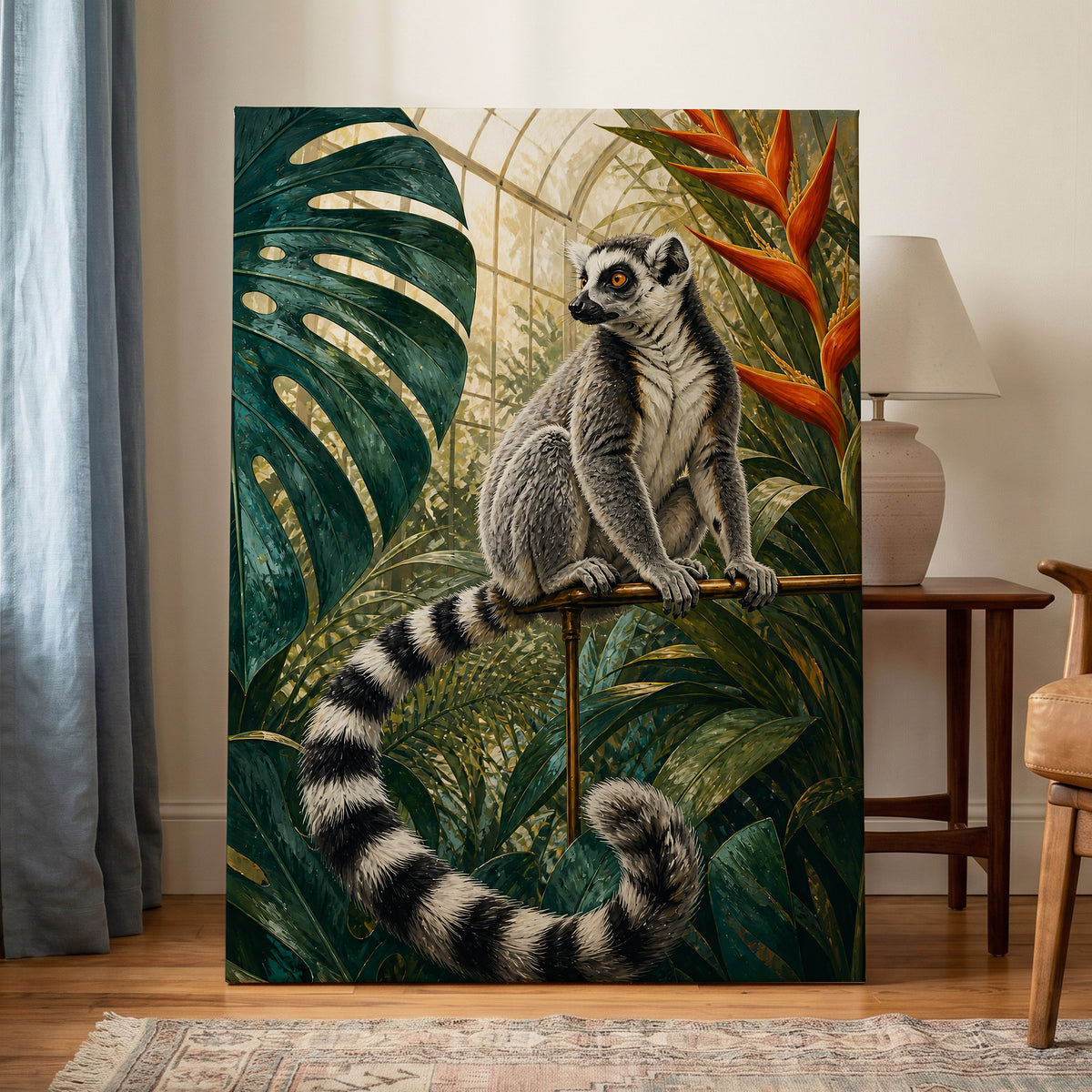 The Glasshouse Lemur, green, black, white nature wall art displayed in a styled interior, gallery view 7