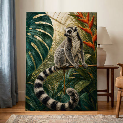 The Glasshouse Lemur, green, black, white nature wall art displayed in a styled interior, gallery view 7